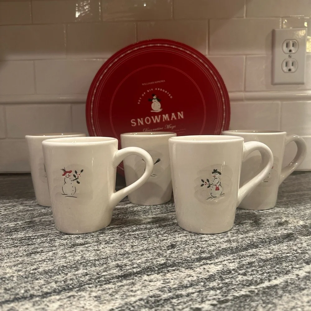 Williams Sonoma Winter Holiday Snowman Christmas Coffee Tea Mug Set of 6